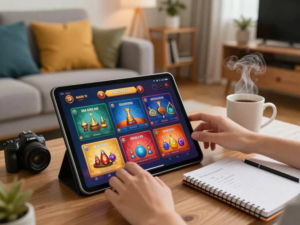 Player exploring TR88 online casino games on a cozy tablet setup, showcasing strategic gameplay in a relaxed atmosphere.
