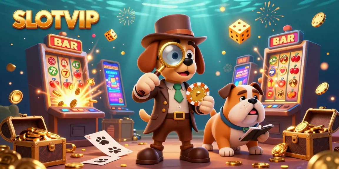 SLOTVIP showcases a vibrant 3D scene featuring a detective dog and bulldog with casino elements, exploring treasure clues.