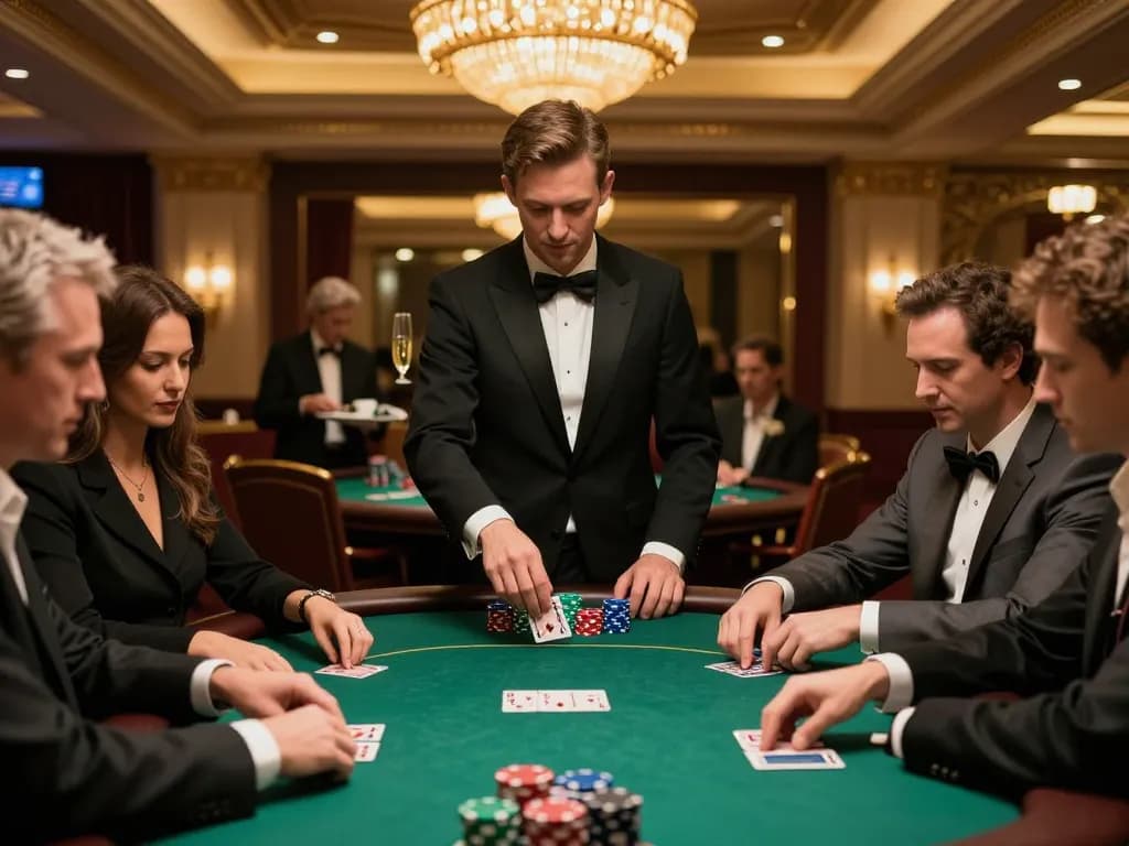 MM88 poker game in upscale casino showcasing dynamic player interactions and luxurious decor