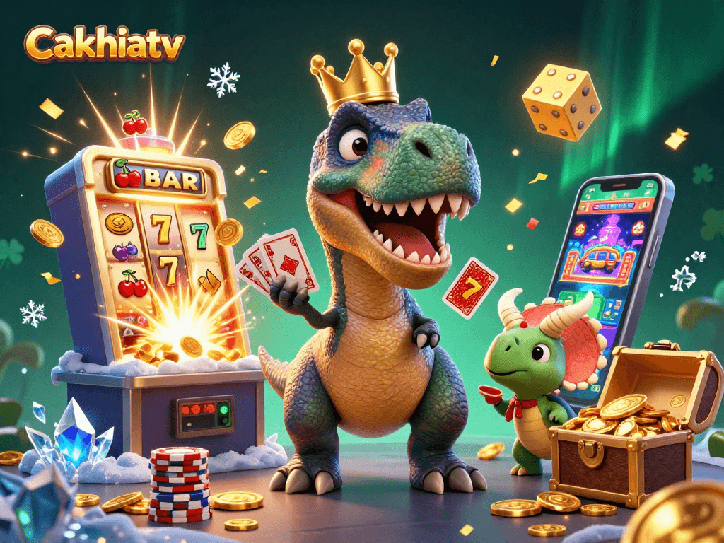 Cakhiatv showcases a lively scene with a cartoon T-Rex shuffling cards amidst casino excitement and golden jackpots.