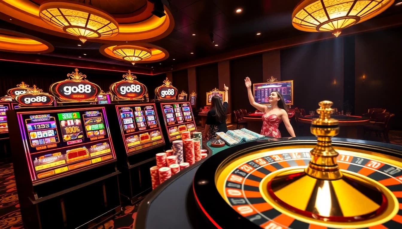 Gamble confidently with go88 at a vibrant casino table showcasing roulette, slots, and excitement.