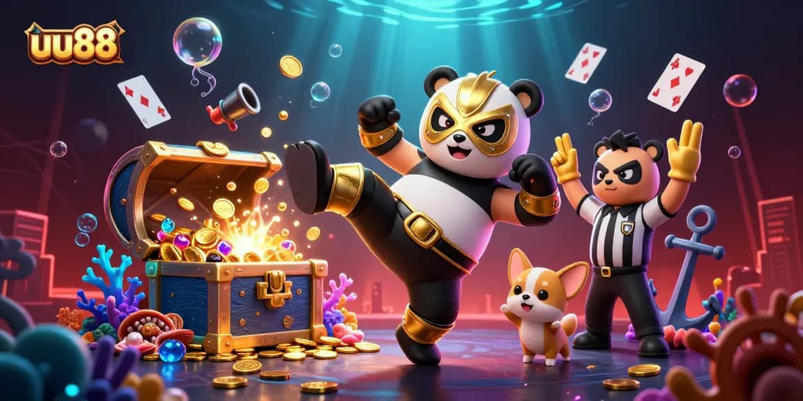 Experience vibrant gambling excitement with uu88 featuring a panda wrestler and animal fans!