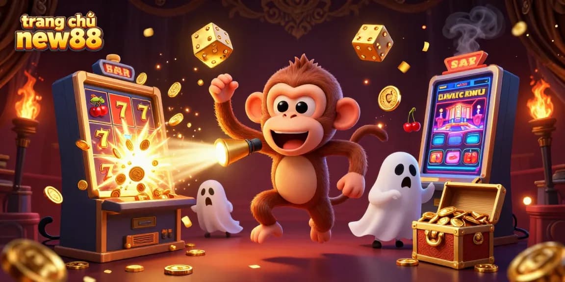 Enjoy the thrilling scene at trang chủ new88 showcasing a mischievous monkey juggling casino wealth.