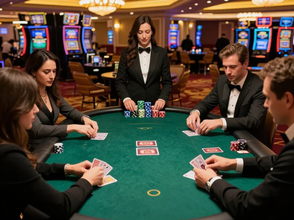 Players enjoying a poker game at a luxurious casino featuring 789win tables, showcasing strategic gameplay.