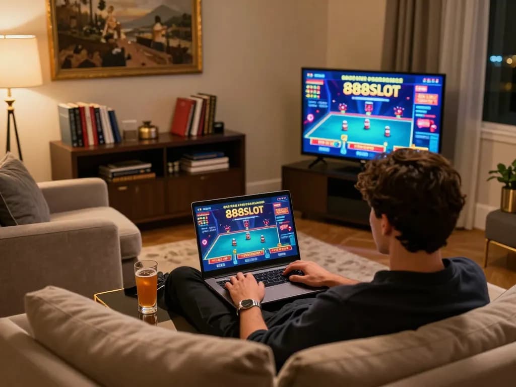 Player excitedly engaging with 888SLOT online casino app during a thrilling home gaming session.