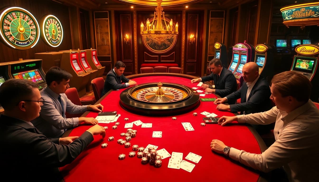 B52-themed casino table surrounded by excited players and vibrant slot machines.