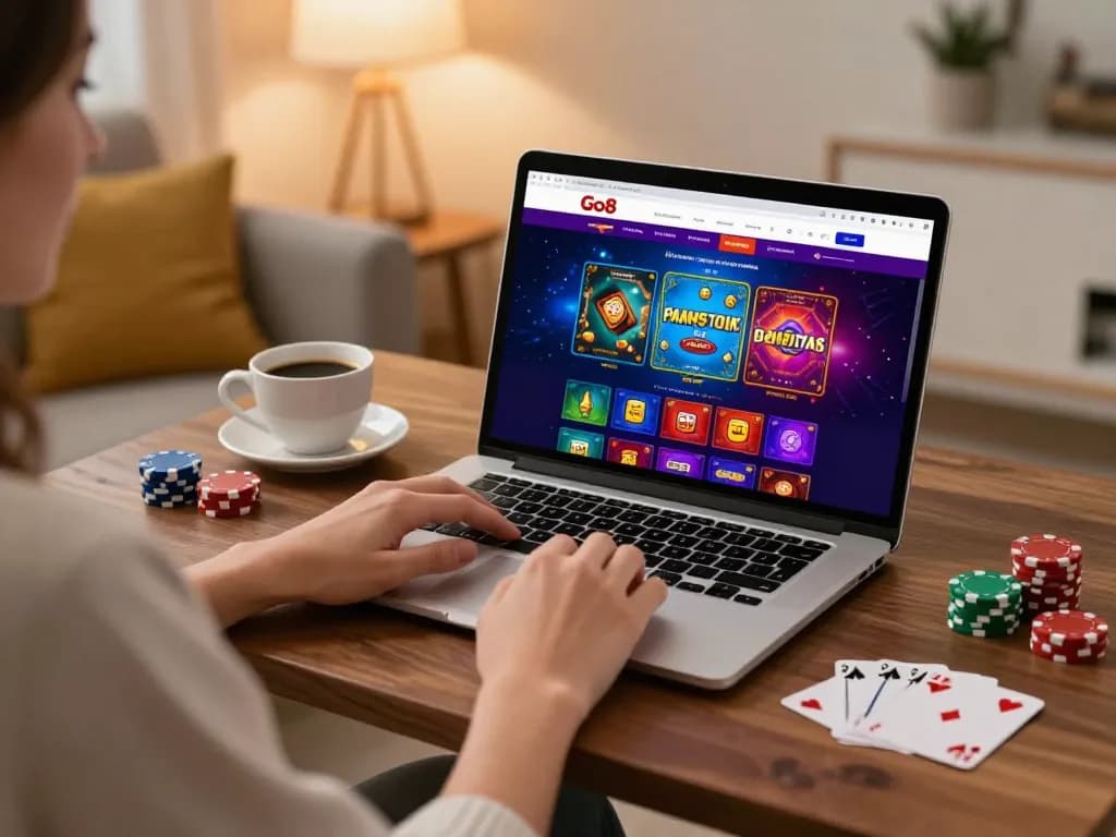 A gamer enjoying online gaming at home via go86vn platform, showcasing a laptop with vibrant game interface.