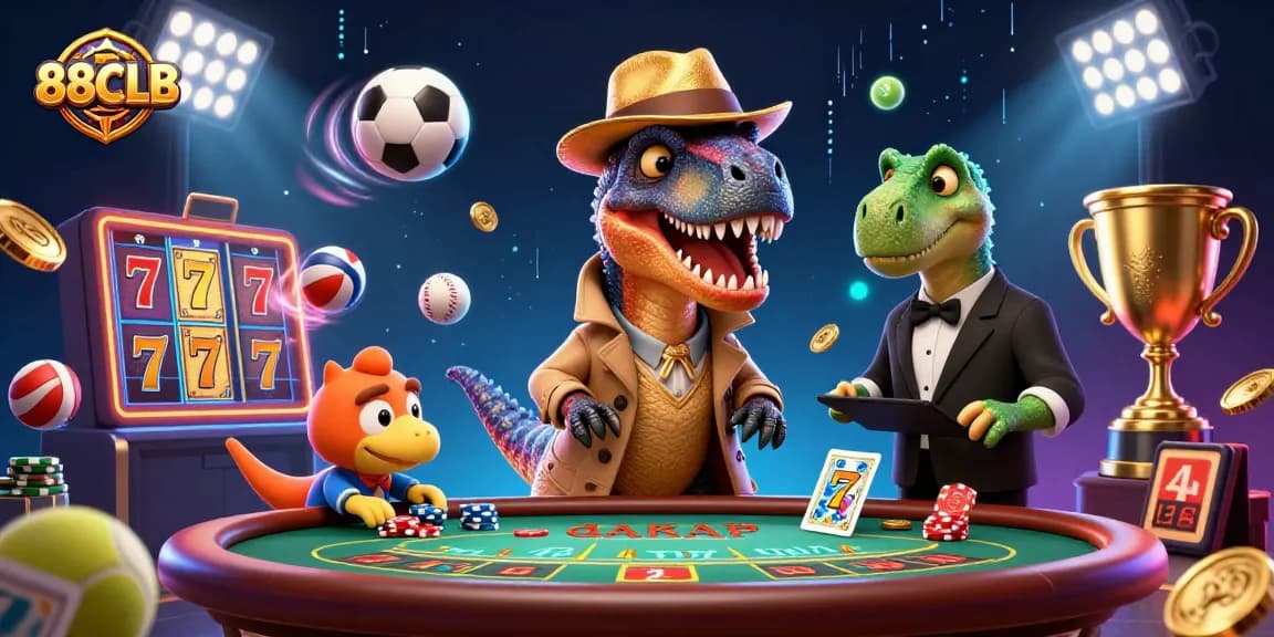88CLB showcases a quirky velociraptor card counter at a lively blackjack table, capturing casino excitement.