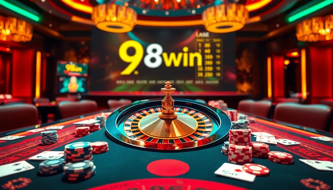 Playing roulette in a luxurious casino setting featuring 98win branding and vibrant poker chips.