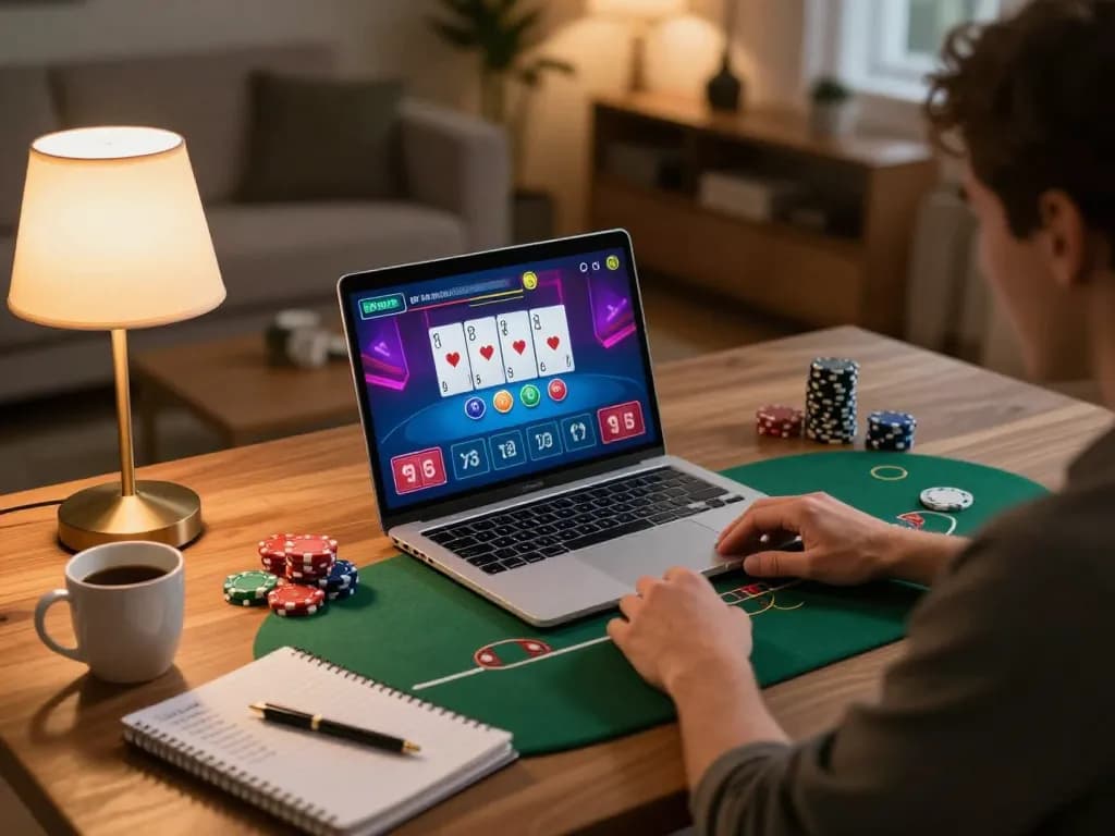 Engaging in online poker at home on rikvip, showcasing gameplay on a laptop surrounded by strategy notes.
