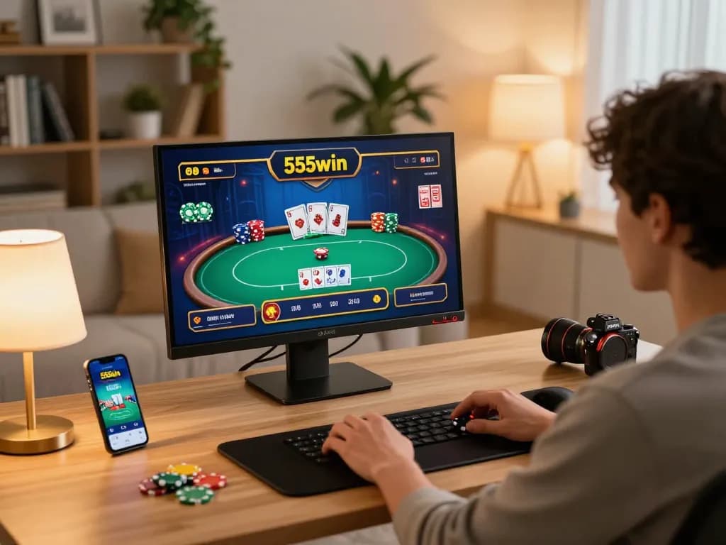 Engage in strategic poker gameplay with 555win on a stylish home setup, showcasing immersive online gaming.