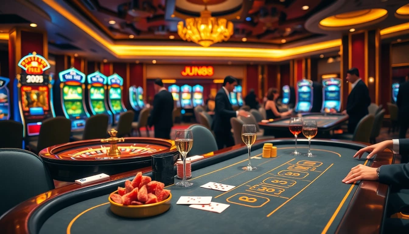 Players enjoying an exciting game at Jun88 casino floor with poker and slot machines.