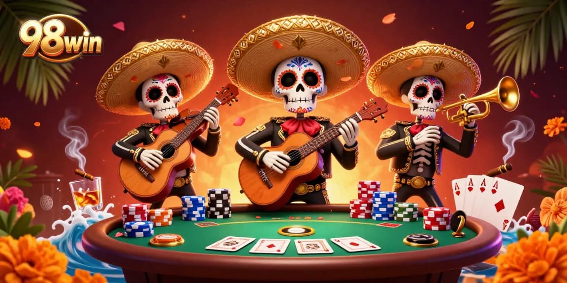 Experience exciting gambling with 98win's vibrant mariachi scene, showcasing poker elements and festive decorations.