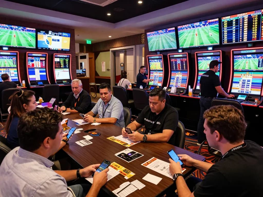 Sports bettors engaged in placing wagers at TX88 online, showcasing interactive betting screens.