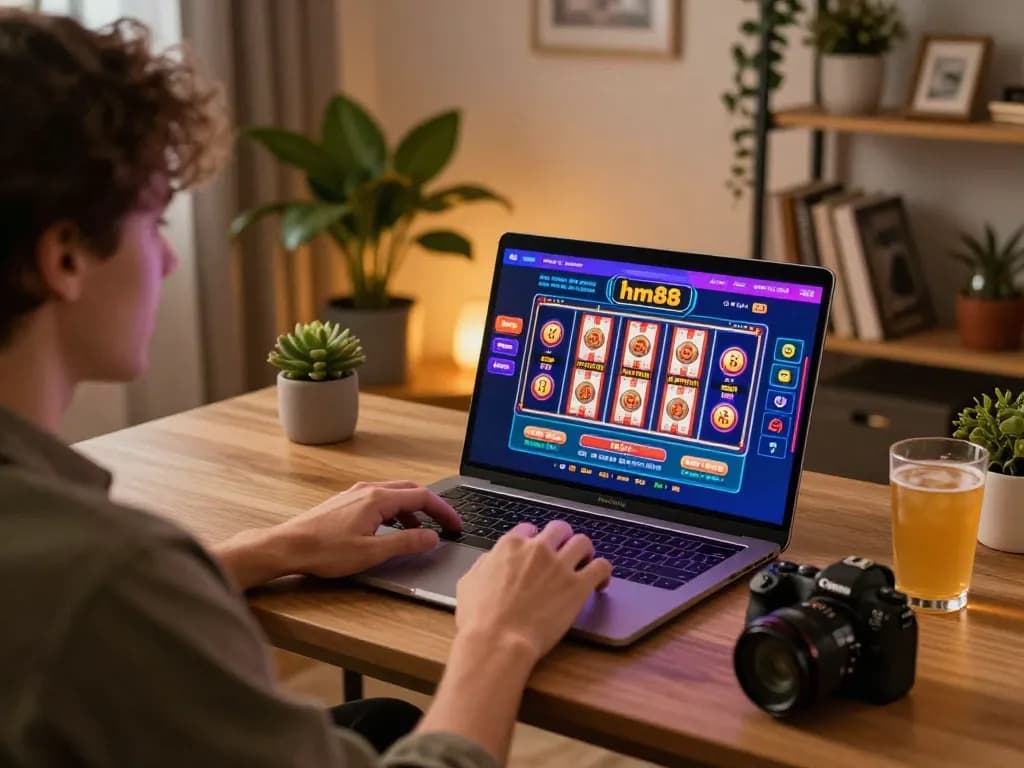 Engaging in online gaming at home with.hm88 casino interface visible on the laptop screen.