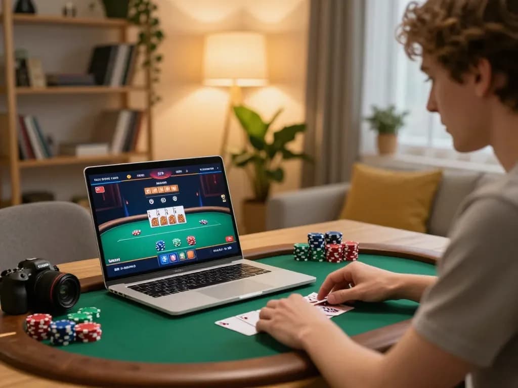 Player enjoying poker online with debet app at home, showcasing excitement and strategic gameplay.