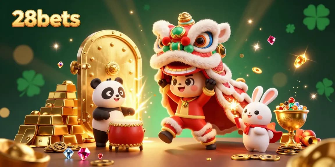 Engage with 28bets in a vibrant 3D casino scene showcasing a lion dance, treasure vaults, and joy.