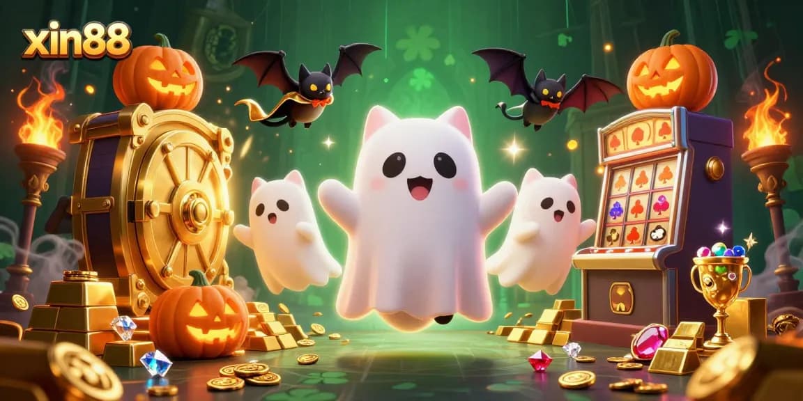 Experience excitement at xin88 with a dynamic illustration of a ghost cat and vampire bat in a casino adventure.