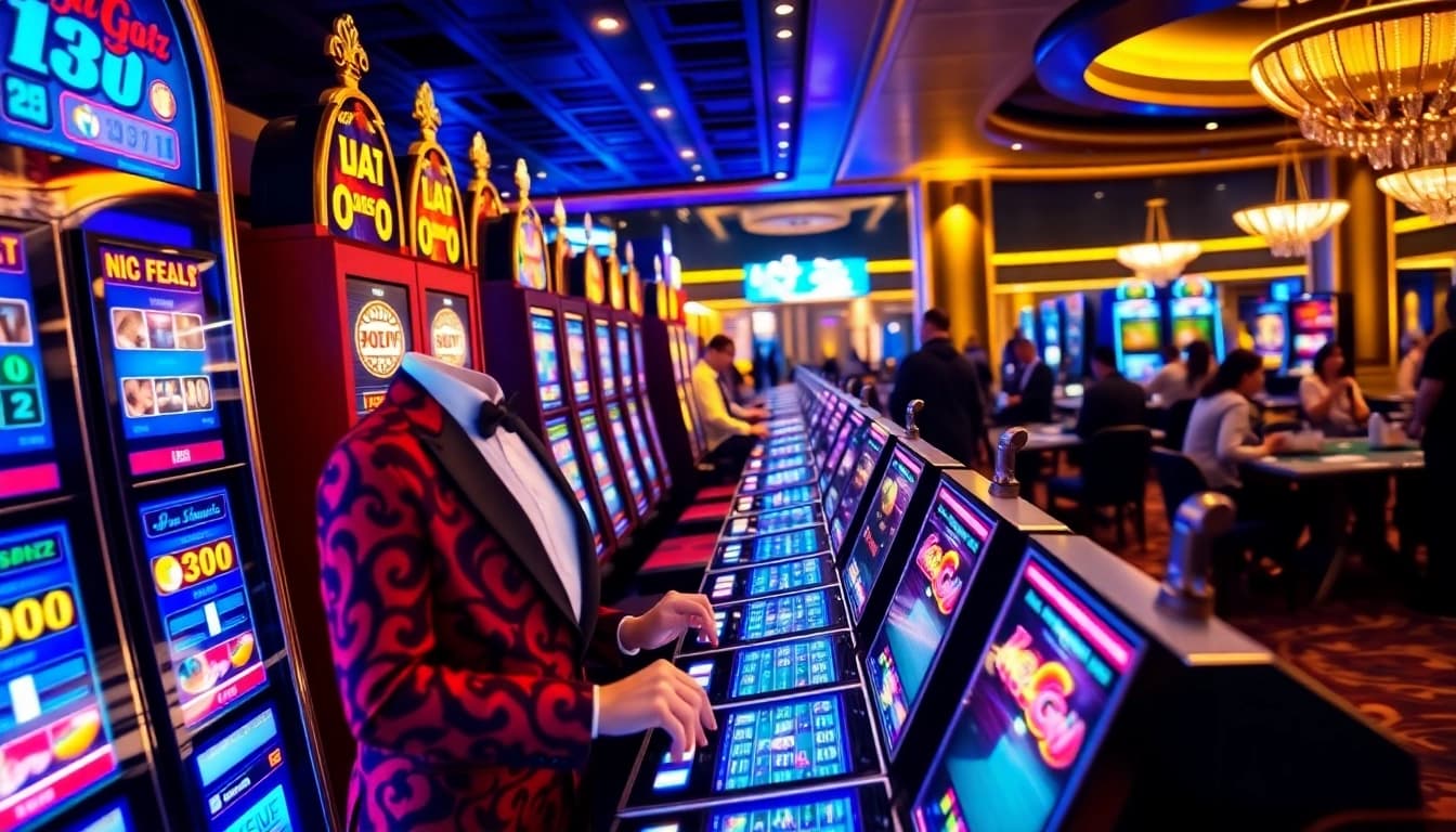Experience vibrant excitement at https://nohudoithuong.us/ with players engaged at slot machines and a roulette table.