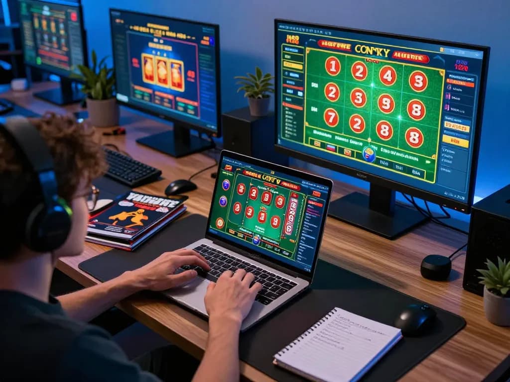 Person playing sunwingo games on a laptop, showcasing an engaging online casino setup with colorful screens.