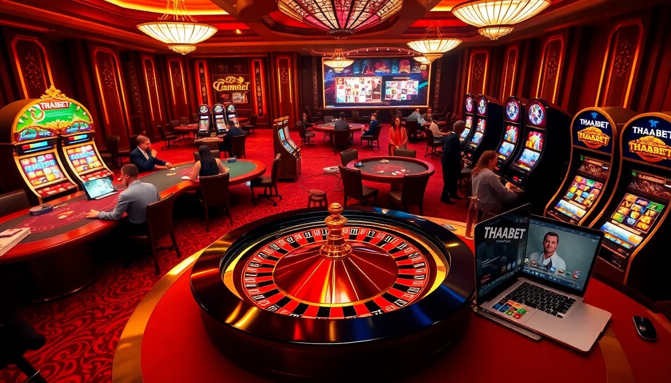 Experience the thrilling ambiance of THABET casino with poker tables and roulette wheel in a luxurious setting.