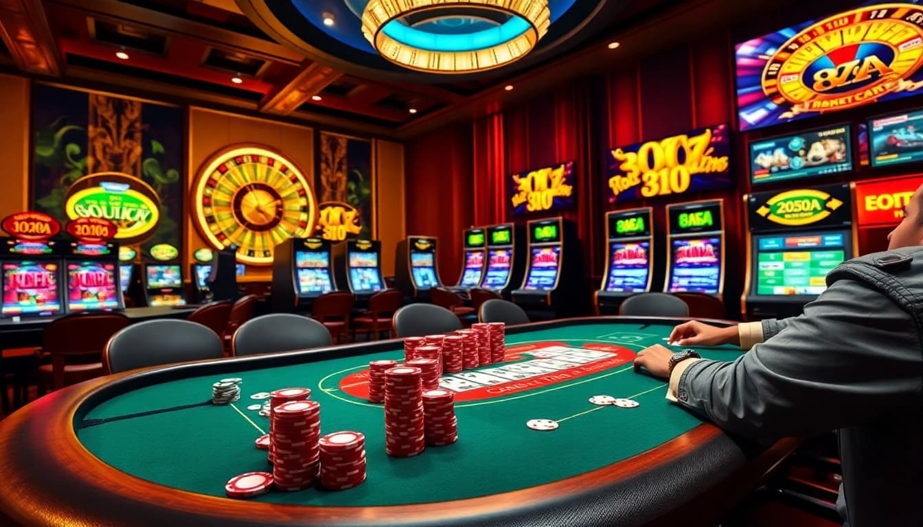 Players enjoying a dynamic poker game at 88AA casino platform, showcasing vibrant gambling atmosphere.
