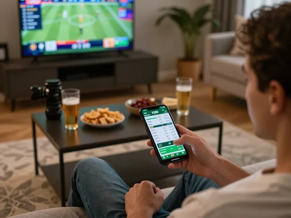 Person using KQBD mobile app for live sports betting with snacks and drinks in cozy living room.