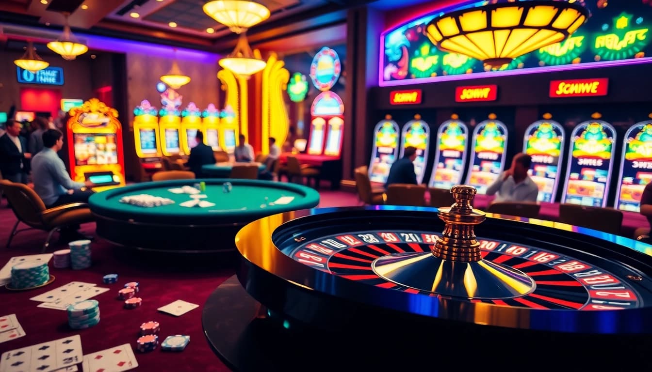 Experience the excitement of gaming at Luckywin with vibrant casino tables and a spinning roulette wheel.