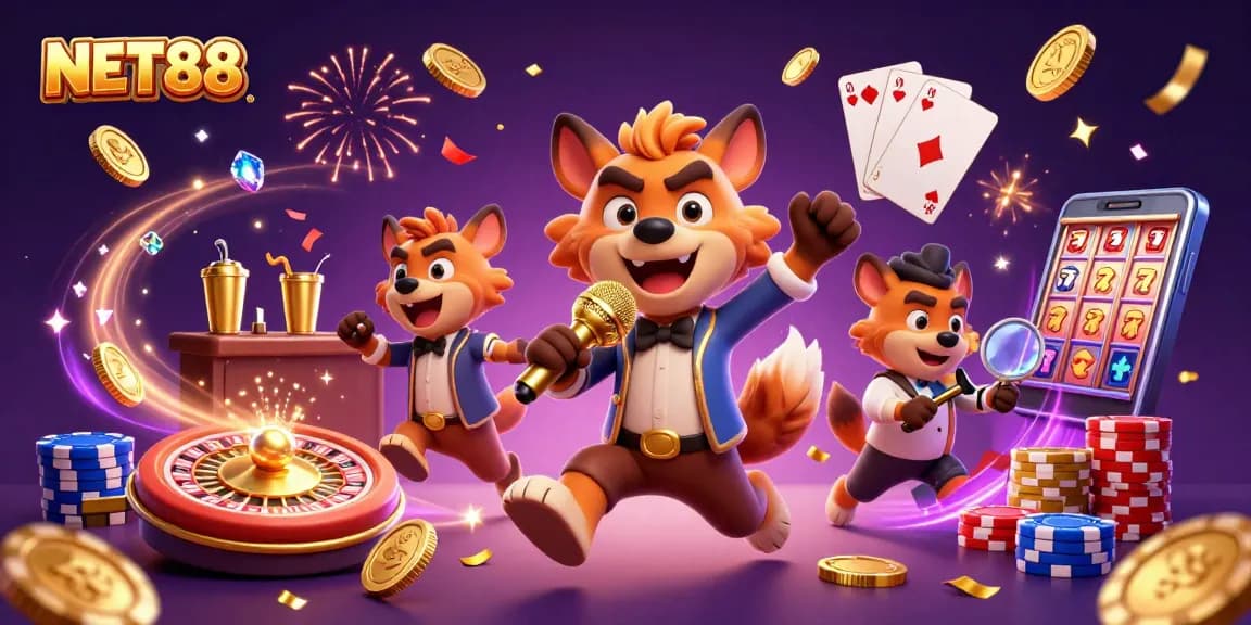 Experience the exciting energy of NET88's comedy casino scene, with hyenas and sparkling elements.