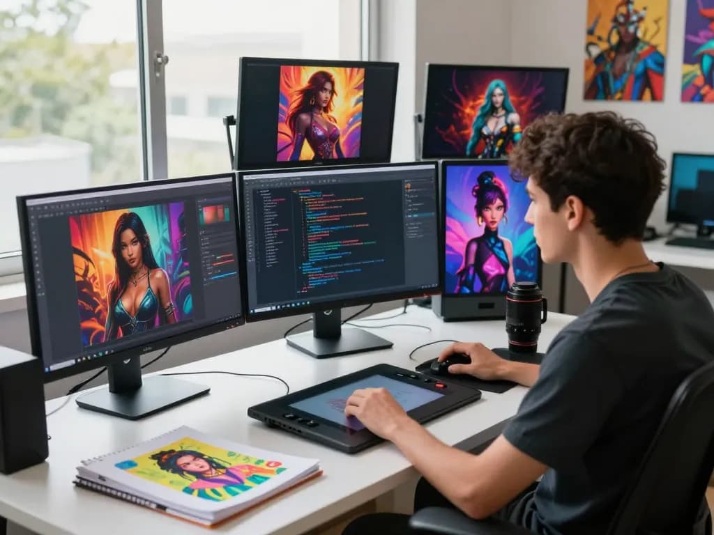 A digital art studio showcasing a developer creating AI-generated graphics related to ai porn with vibrant colors and multiple screens.