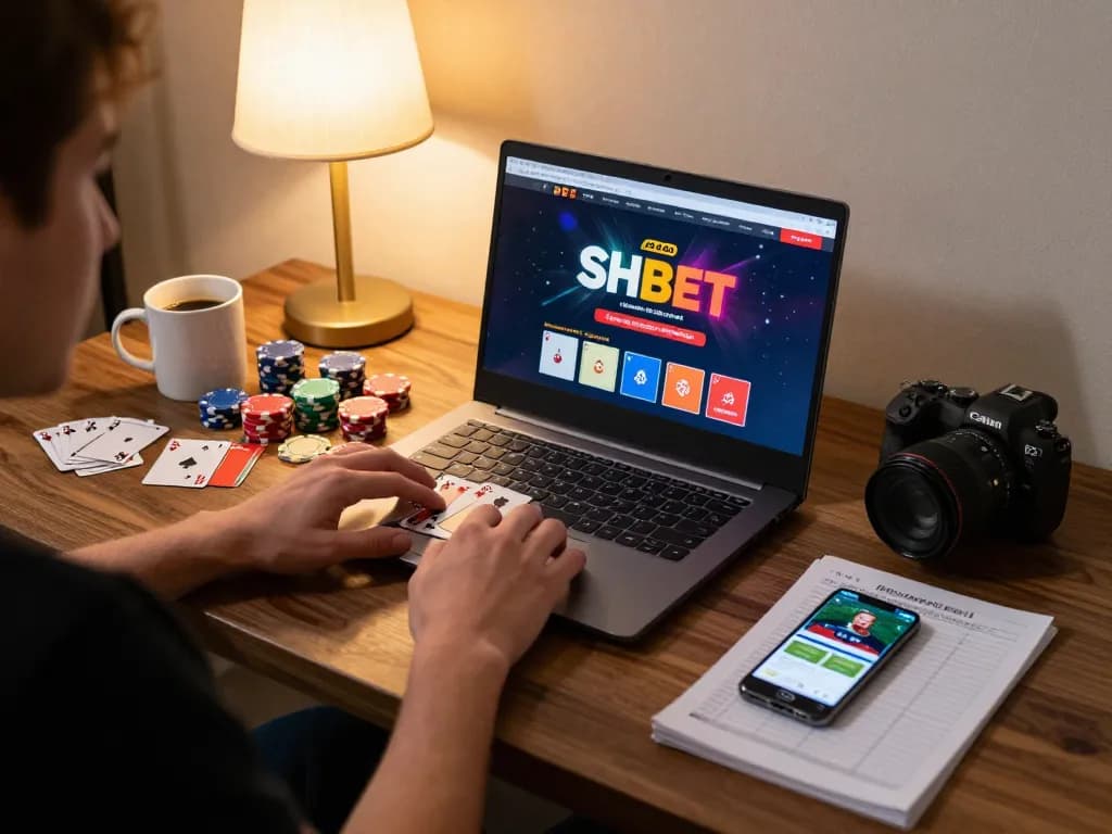 Engaged player exploring SHBET online casino platform on a laptop at home