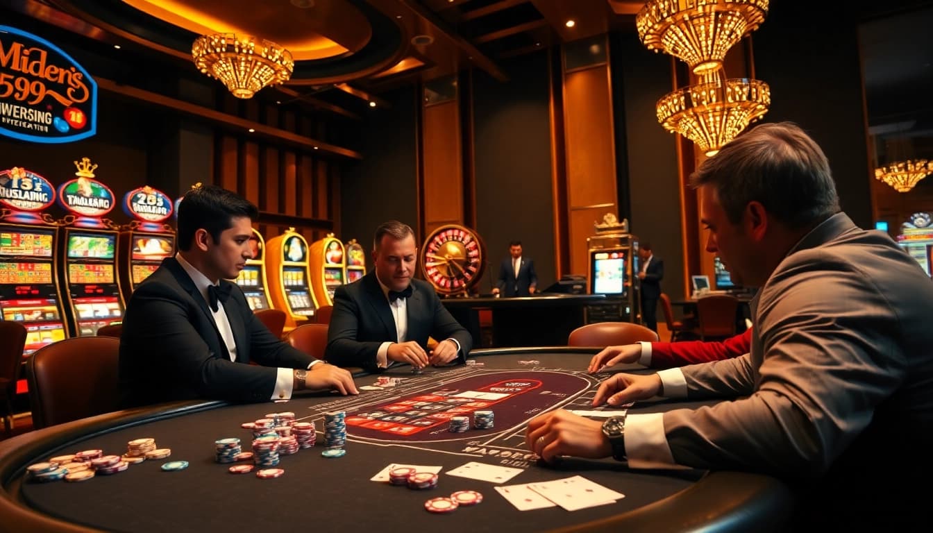 Experience thrilling gambling action at https://rr99.center/ with a vibrant poker scene, featuring players, chips, and a roulette wheel.
