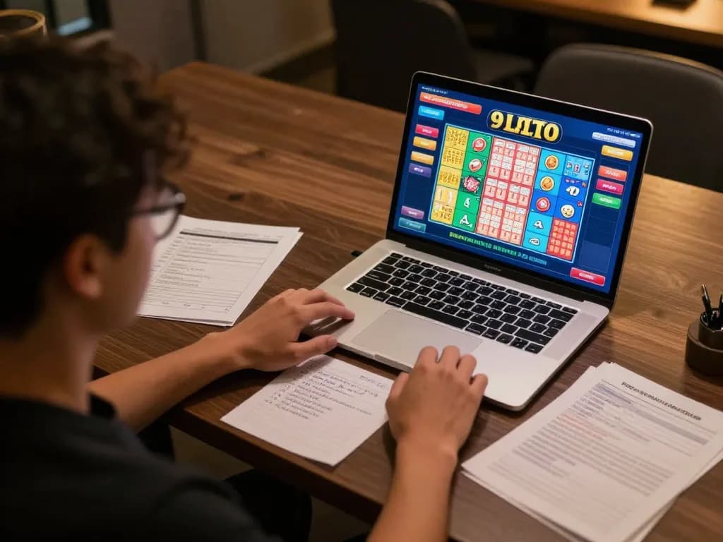 Player checking 9 Lotto 4D live results on a laptop with strategy notes visible
