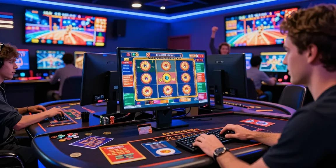 Exciting player experience at credit card casinos with vibrant gaming atmosphere and neon lights.