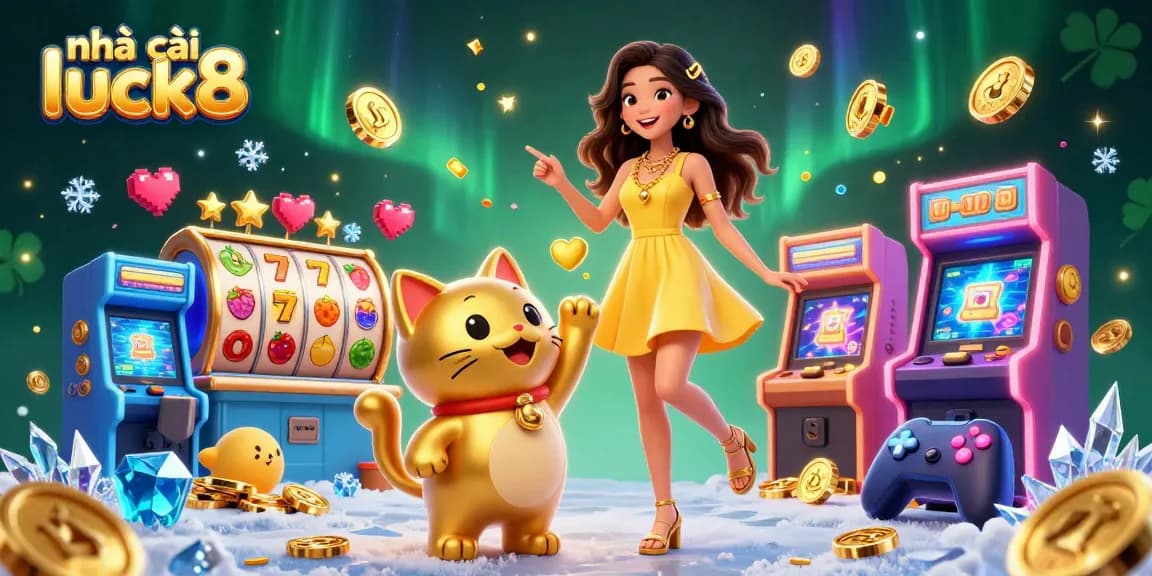 Experience the excitement of nhà cái luck8 with golden coins and dynamic slot games in a vibrant casino setting.