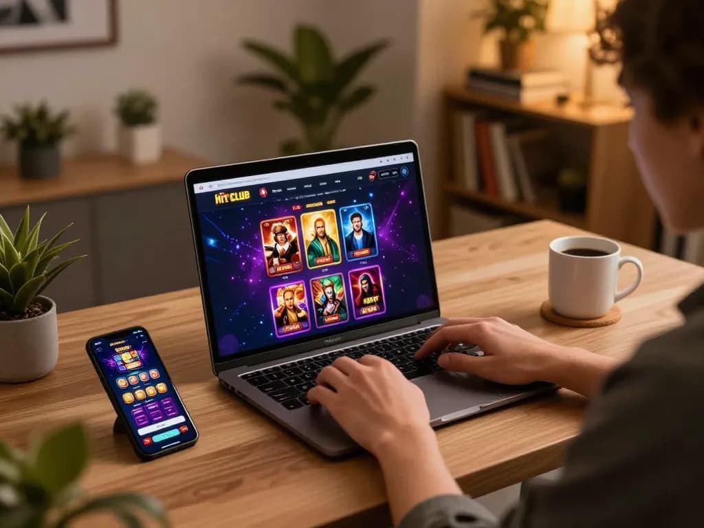 Engaging in online fun at the hit-club casino interface with laptop and mobile app in warm, inviting space.