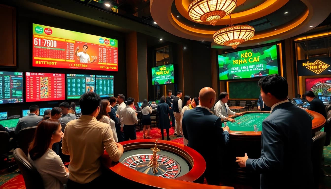 Kèo Nhà Cái showcasing a lively sports betting atmosphere with players engaged at luxurious casino tables.