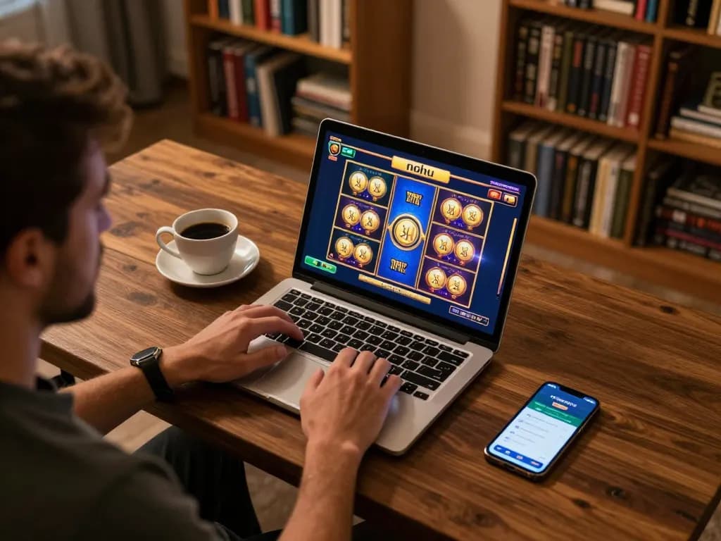Nohu slot game interface being engaged by a player on a laptop, showcasing strategic home gaming environment