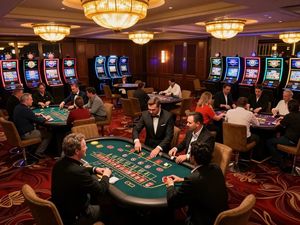Players enjoying dynamic games at O8 casino, vibrant atmosphere with luxury decor and engaging gameplay