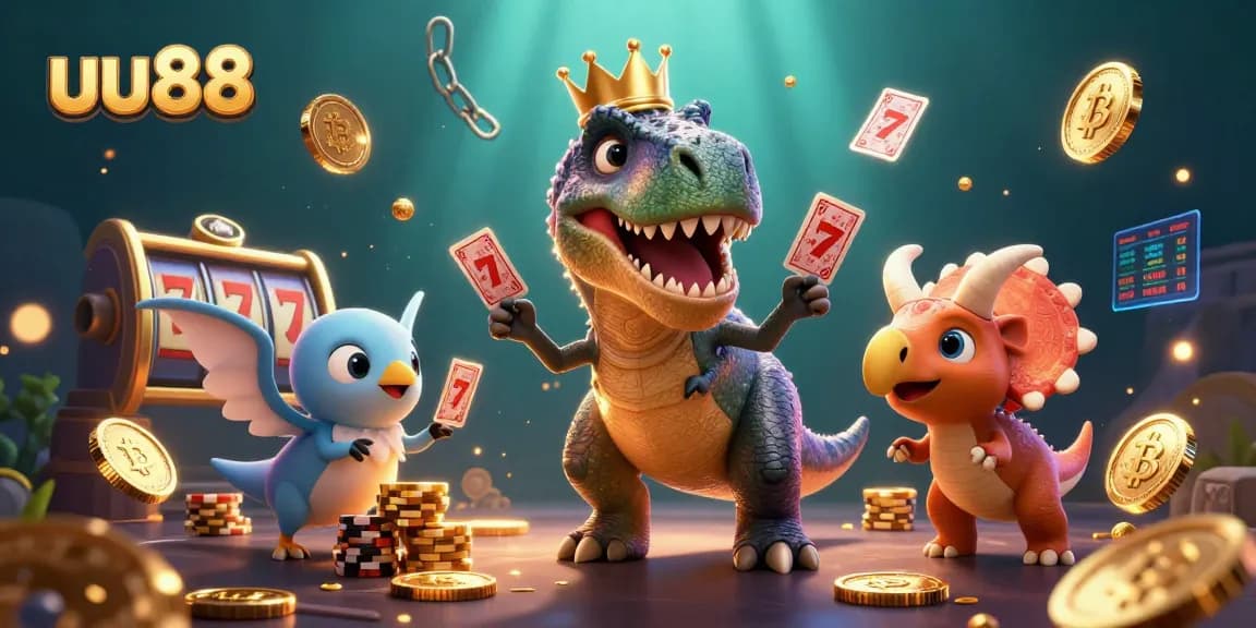 Engage in thrilling betting at uu88 with a vivid scene of cartoon dinosaurs playing cards and stacking chips.