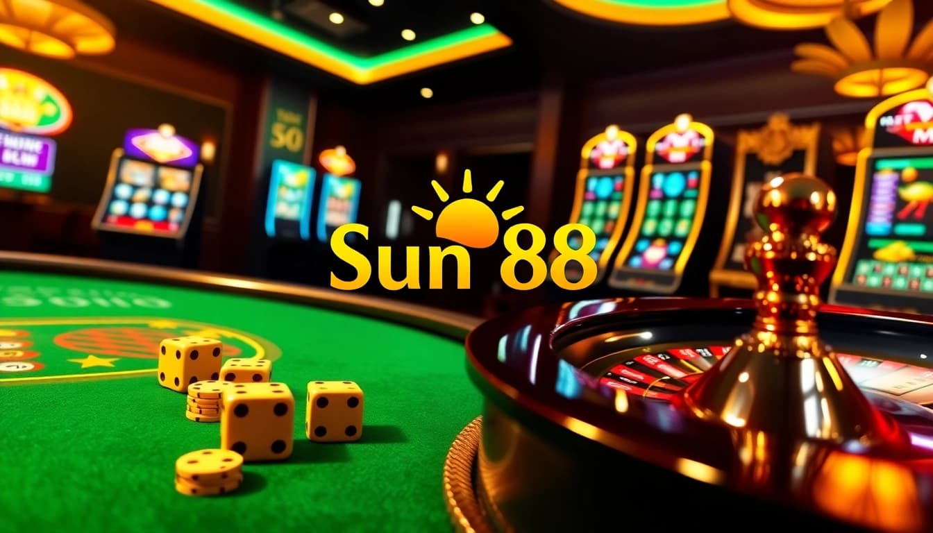 Gambling excitement at Sun88 with luxurious poker table and vibrant online casino interface.