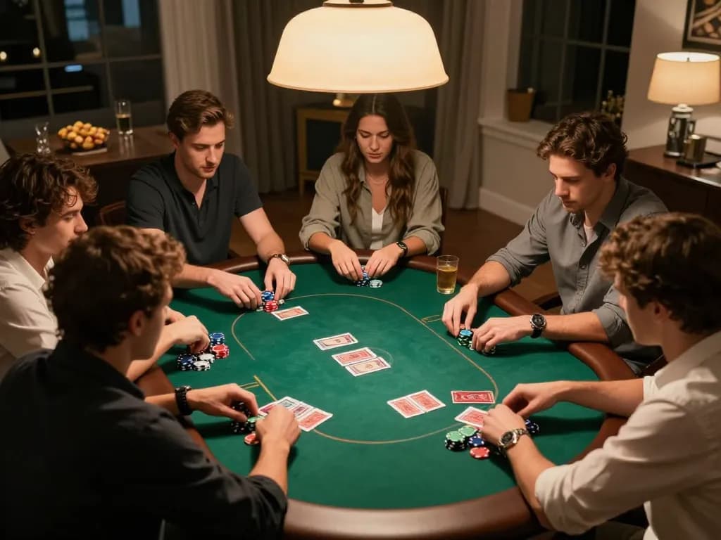 Engaging poker game with friends at home, showcasing strategic gameplay and excitement at https://lu88.jpn.com/