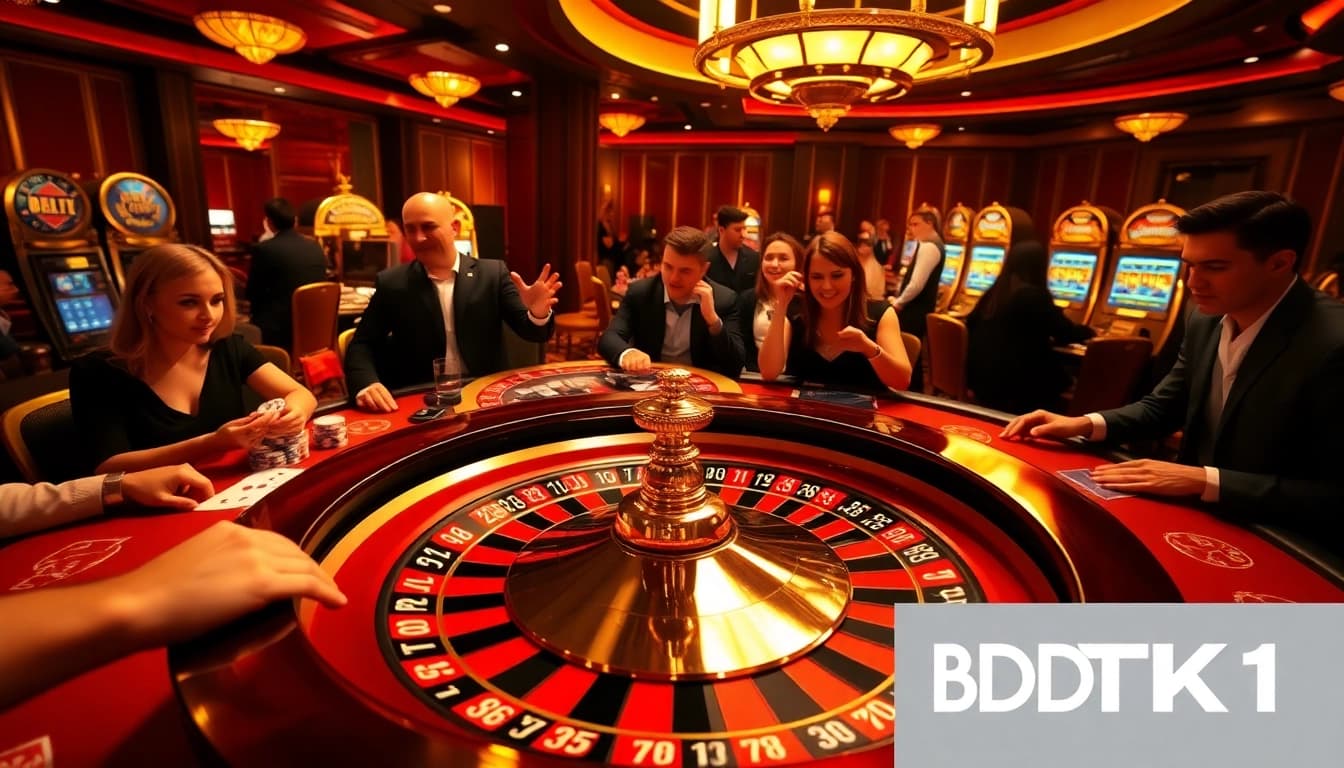 Players engaging in a thrilling poker game at BDTK1, surrounded by vibrant casino elements.