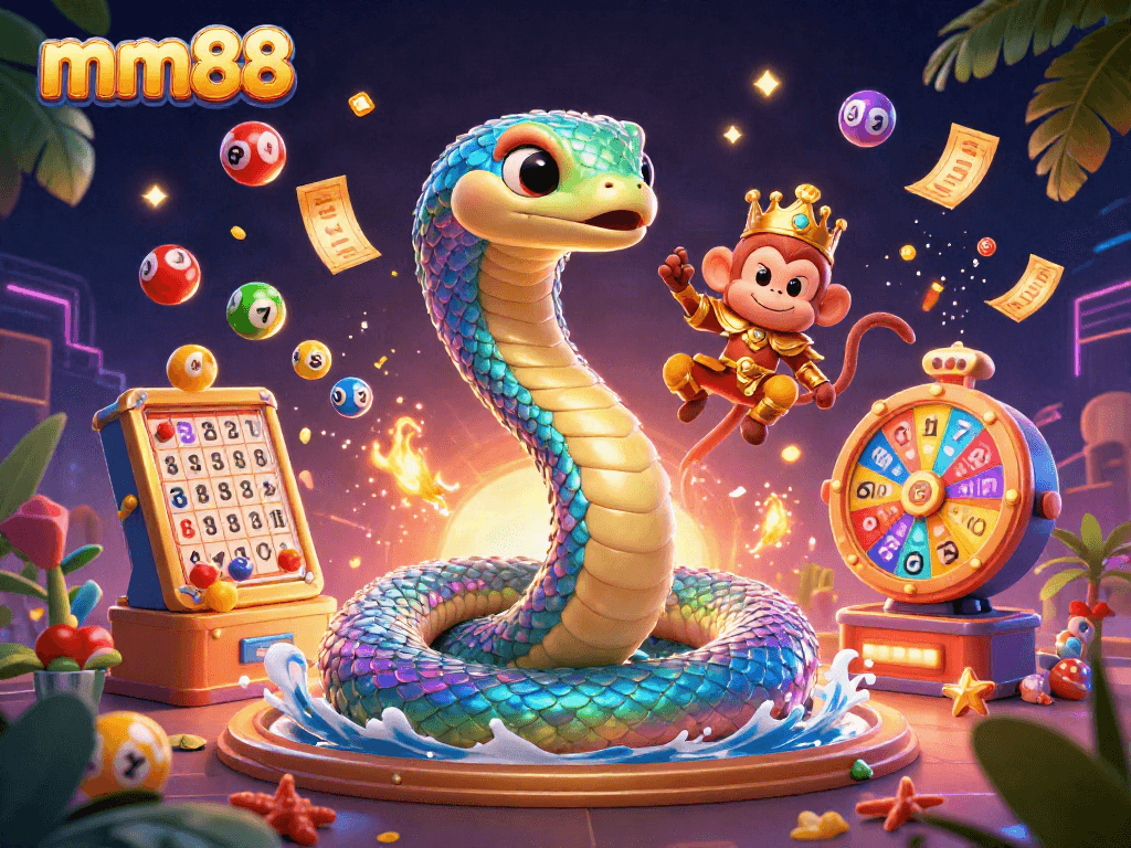 Engage with mm88 in an enchanting 3D scene filled with lottery balls, prizes, and vibrant characters.