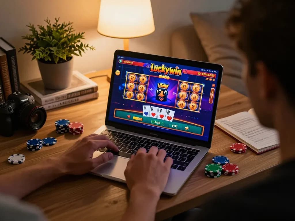 Engaged player enjoying Luckywin online casino games from a cozy home setup.