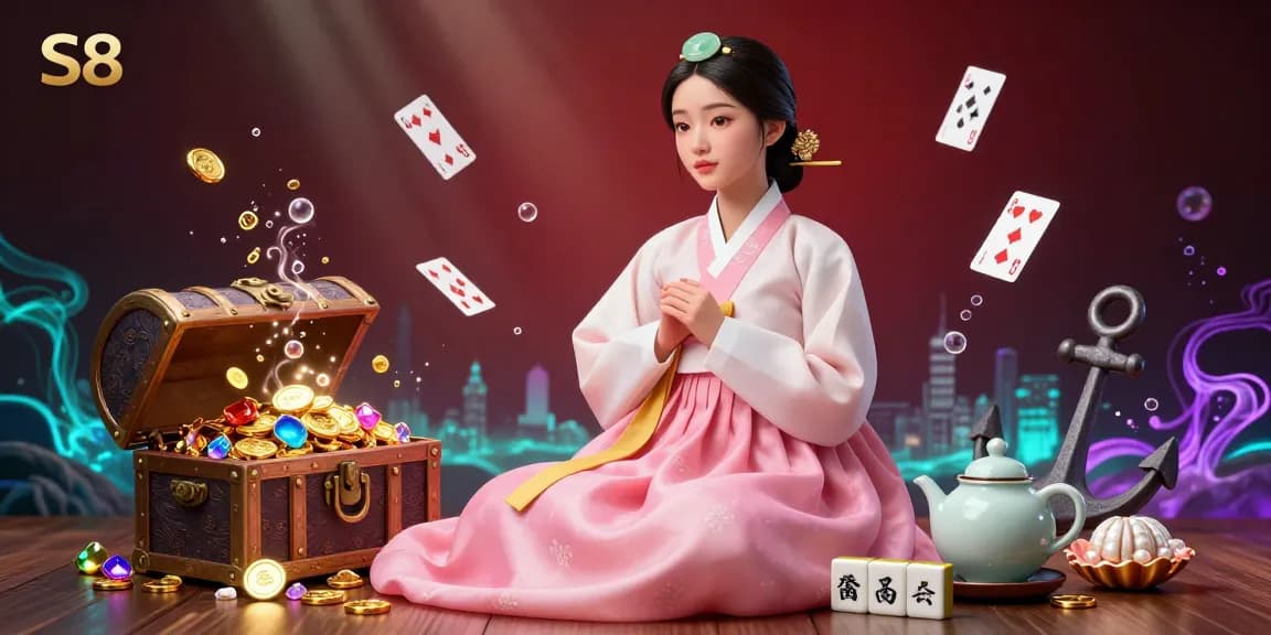 S8 showcases a serene Asian woman in a hanbok with decorative casino elements in a vibrant underwater scene.
