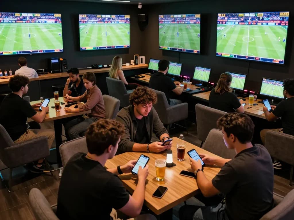 Fans engaging in sports betting action while monitoring ty le keo nha cai on screens in a lively setting
