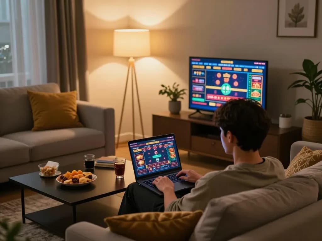 Experience hitclub363 with cozy online gambling setup featuring laptop gameplay and snacks.