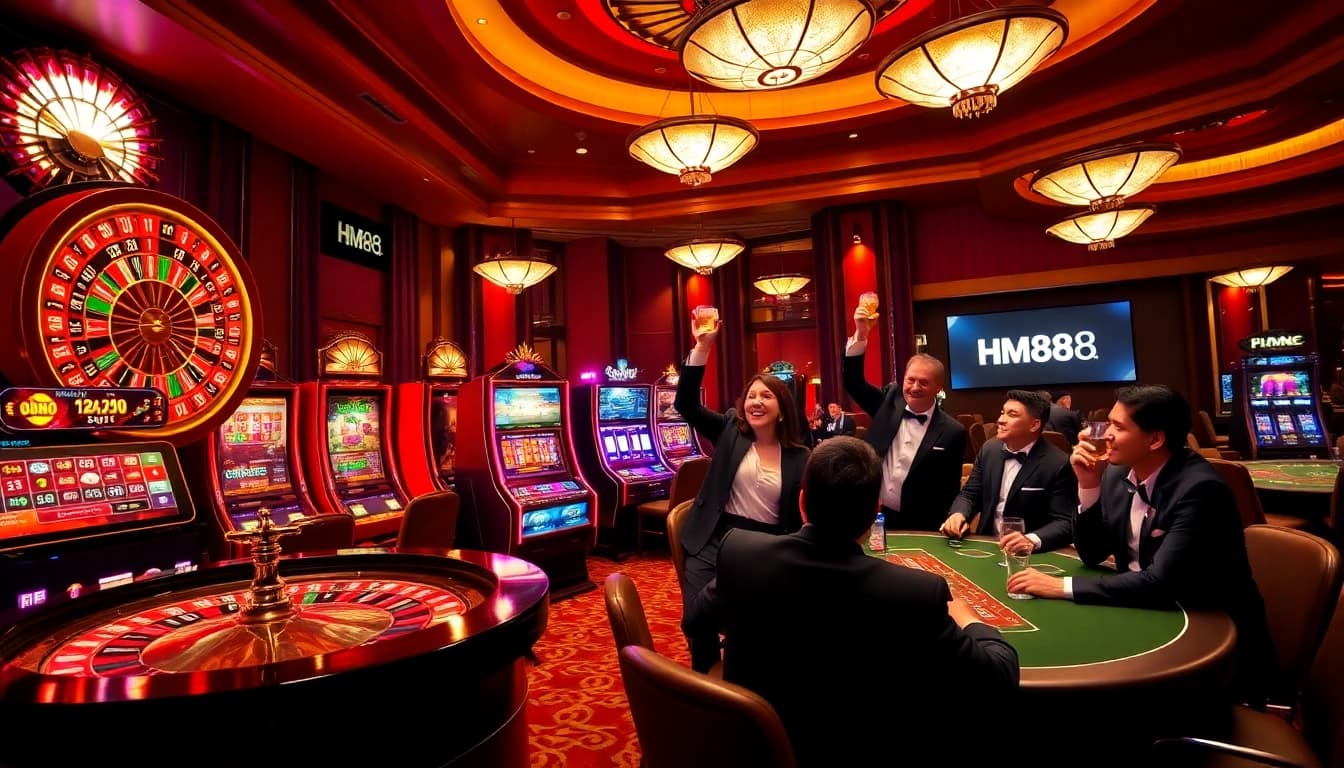 Experience the thrilling atmosphere at HM88 casino with vibrant slot machines and a roulette wheel.