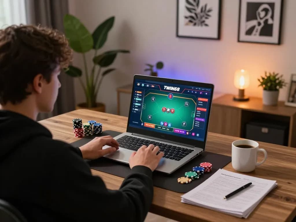 TWIN68 gaming on a laptop in a stylish home office, player engaged in online poker.